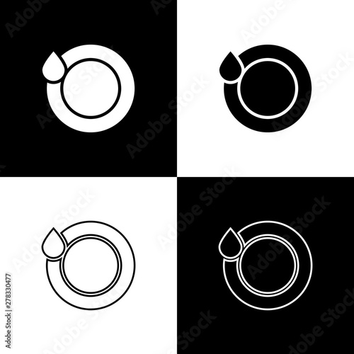 Set Washing dishes icon isolated on black and white background. Plate and sponge. Cleaning dishes icon. Dishwasher sign. Clean tableware sign. Vector Illustration