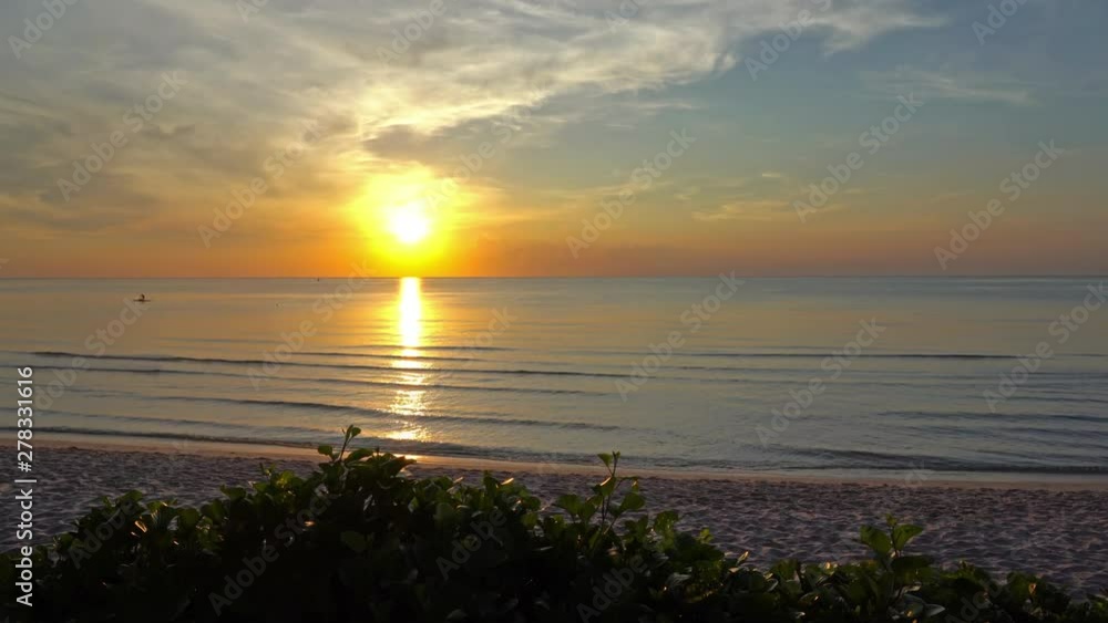 Static shot of the sea waves hitting the sandy tropical beach during sunset from behind a bush Static shot of the sea waves hitting the sandy tropical beach during sunset from behind a bush