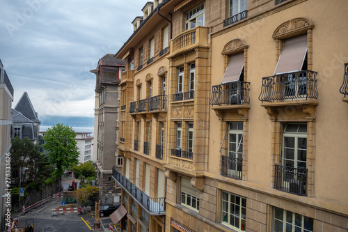 Beautiful medieval buildings in Lausanne midtown for background with copy space