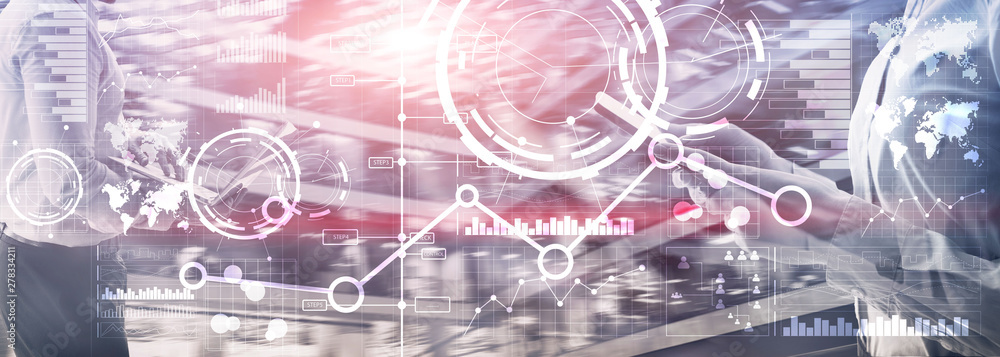 Business interface mixed media double exposure financial chart graph diagram and icon on virtual screen. Innovation concept. Business interface mixed media double exposure financial chart graph diagram and icon on virtual screen. Innovation concept.