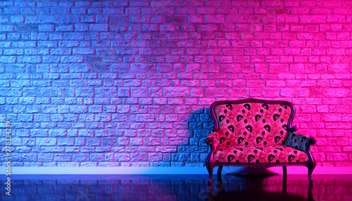 retro sofa on the background of an old brick wall in the enon light, 3d illustration photo