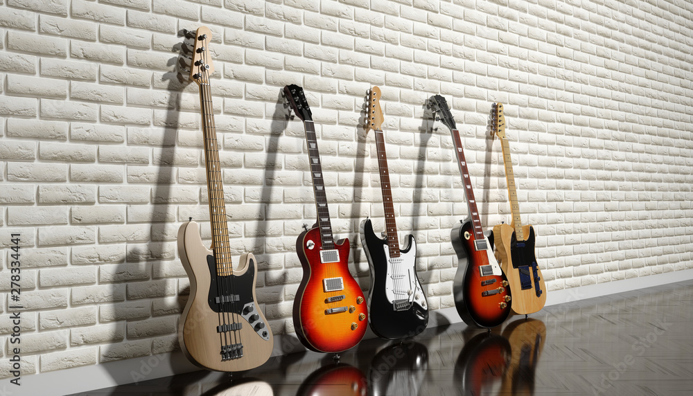 Naklejka premium several electric guitars on a brick wall background, 3d illustration
