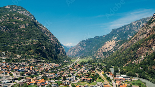 Beautiful landscape in the Aosta Valley mountainous region in northwestern Italy. Alpine valley in summer seen from fort Bard. 
