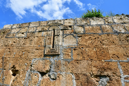 Temple Khozity Mady Mayram 11-12 centuries in Zrug gorge. Russia, North Ossetia- Alania. Fragment of the wall photo