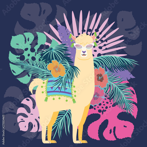 Llama with exotic leaves and flowers