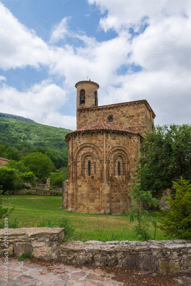 Rear view of the Collegiate Church of San Martin de Elines of the twelfth century in Cantabria, Spain, Europe