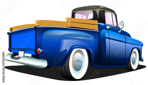 Cartoon blue retro truck pickup car  on a white background. ESP Vector illustration.