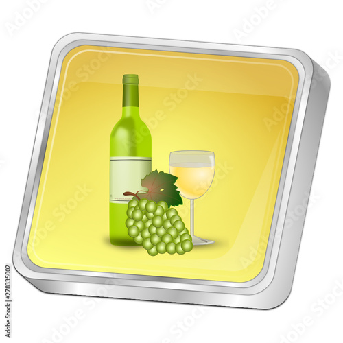 Button with wine bottle, a glass of wine and Grapes - 3D illustration