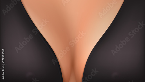 Big breasts in elegant bra. Female black bra lingerie. Sexiness and sensuality. Sexual attractiveness of decolletage. Beauty of woman with big breast, attractive cleavage