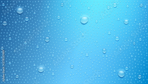 Water drops on blue background. Three dimensional realistic droplets with glow from the sun, vector 3d illustration