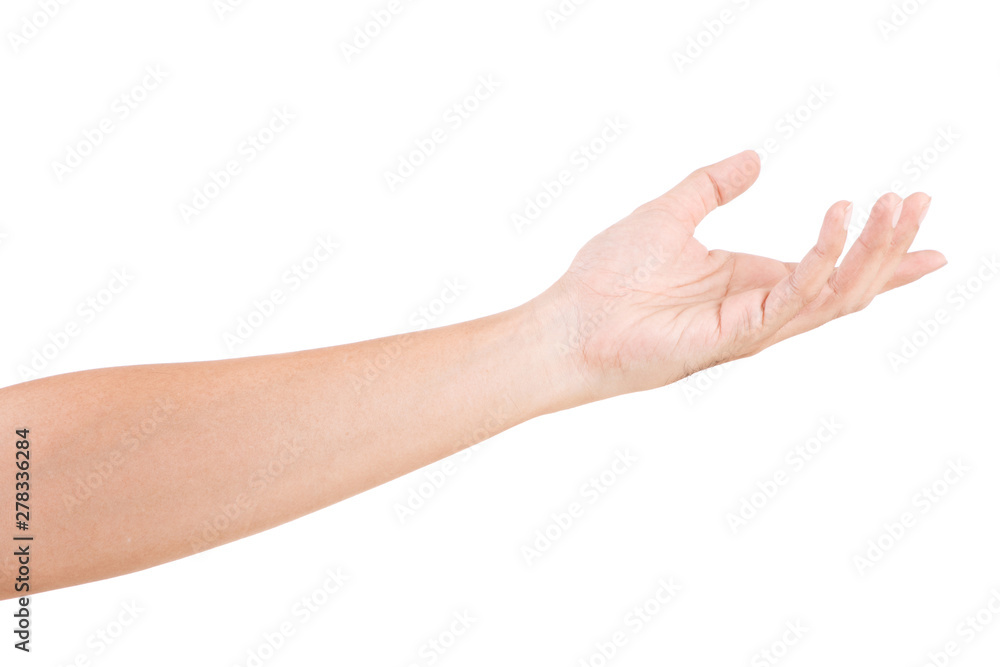 Male asian hand gestures isolated over the white background. BEGGING POSE.