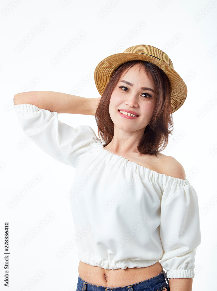 asian woman wearing summer straw hat asian woman wearing summer straw hat