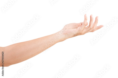 Male asian hand gestures isolated over the white background. BEGGING POSE.