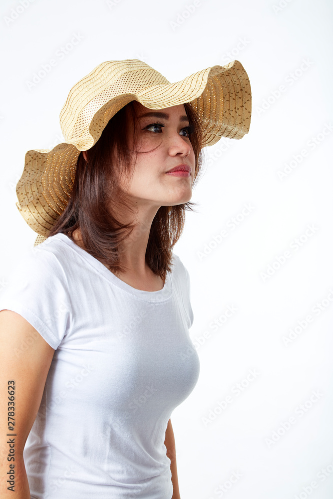 asian woman wearing summer straw hat asian woman wearing summer straw hat