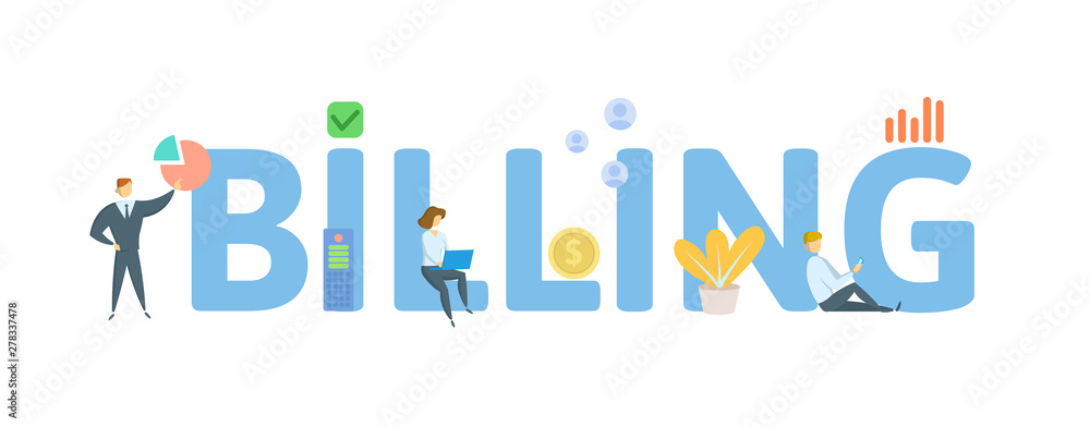 BILLING. Concept with people, letters and icons. Colored flat vector illustration. Isolated on white background.