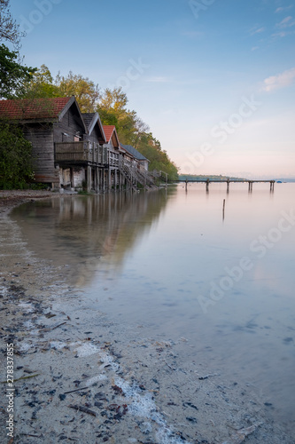 cabins on the lake in the bavaria area germany