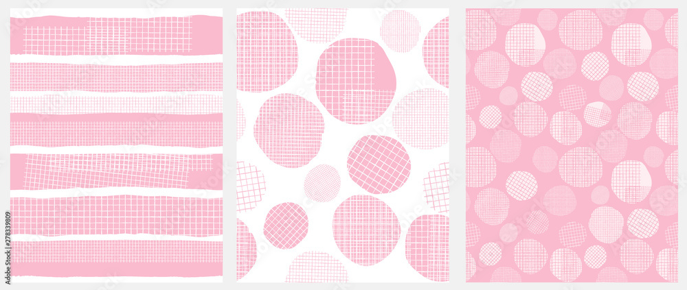 Hand Drawn Childish Style Geometric Vector Patterns. Pink Vertical Stripes and Irregular Big Dots on a White Background. White Grid On a Pink Lines and Spots. Funny Print for Textile, Wrapping Paper.