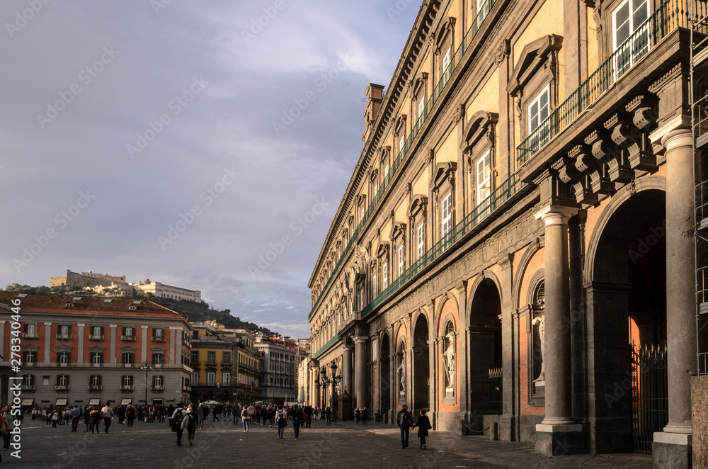 Naples and its palaces, view of the plebiscito square in naples during sunset. Italy