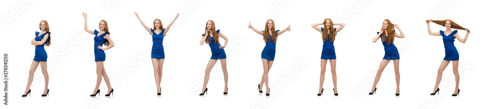 Beautiful lady in dark blue dress isolated on white Beautiful lady in dark blue dress isolated on white