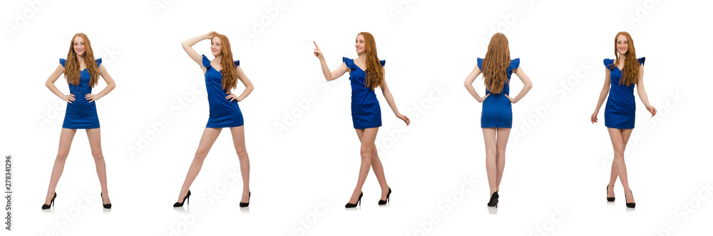 Beautiful lady in dark blue dress isolated on white Beautiful lady in dark blue dress isolated on white
