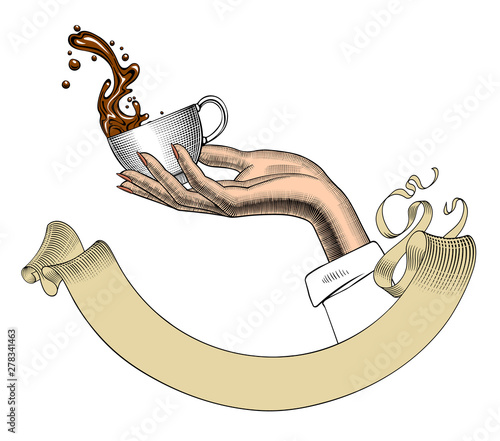 Woman's hand holding a white cup with a splashed coffee and retro ribbon banner