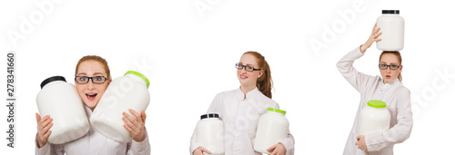 Young female doctor holding jar of protein isolated on white