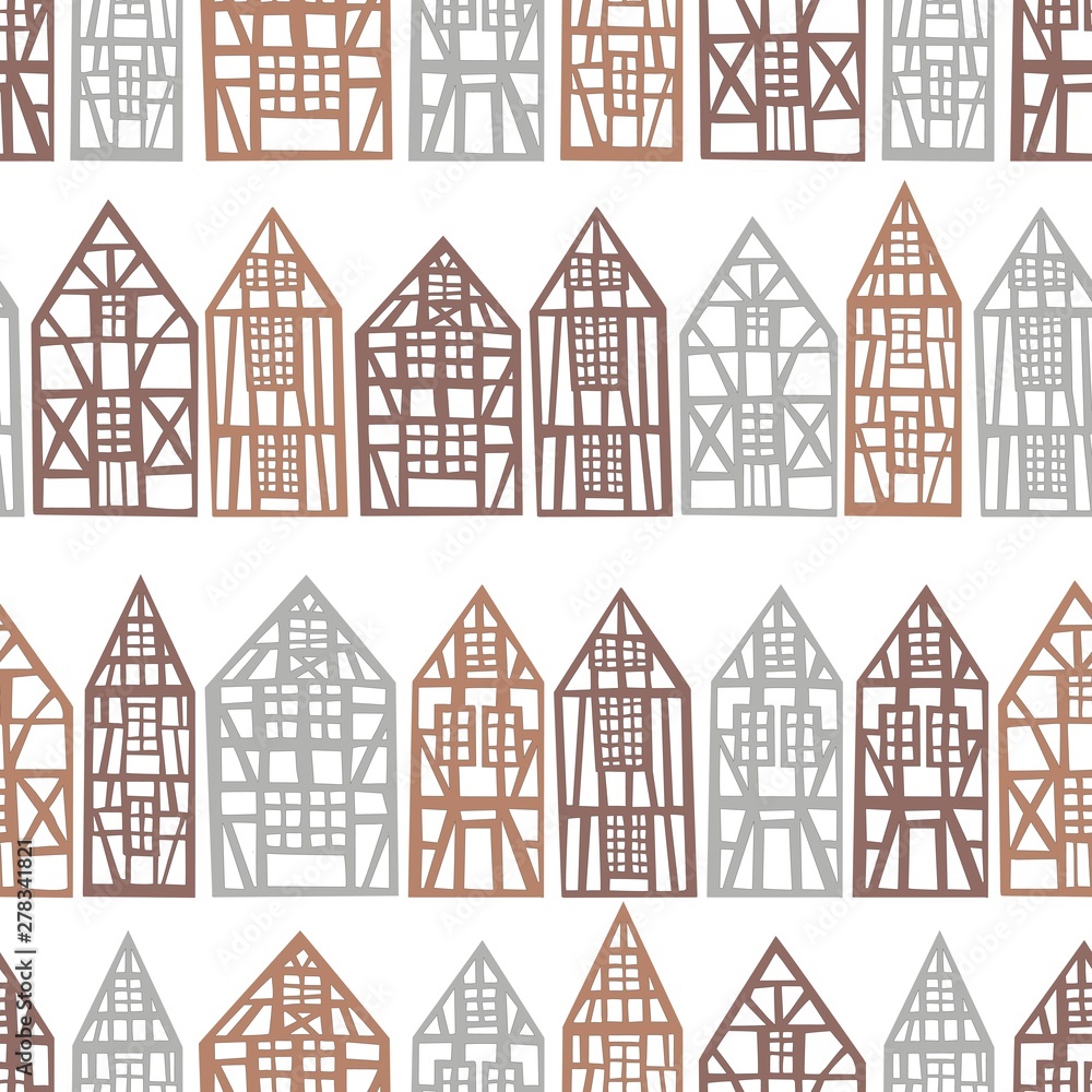 Hand drawn half-timbered houses.  Vector  seamless pattern.
