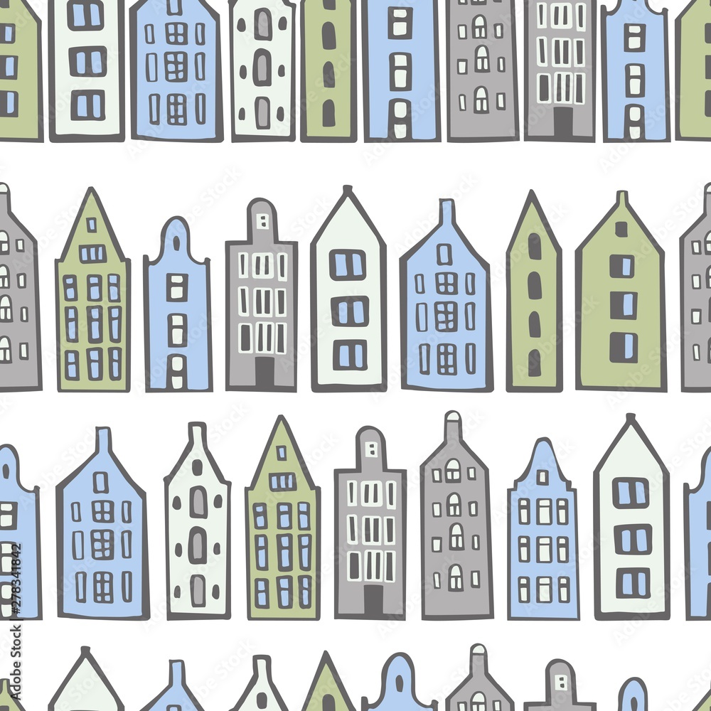 Hand drawn cute  houses.  Vector  seamless pattern.