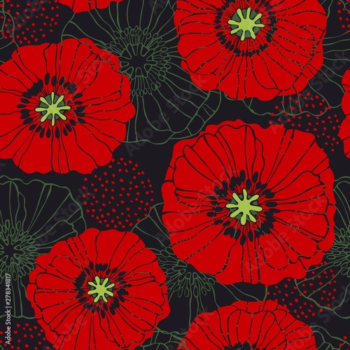 Floral background. Seamless vector pattern with hand drawn poppies flowers