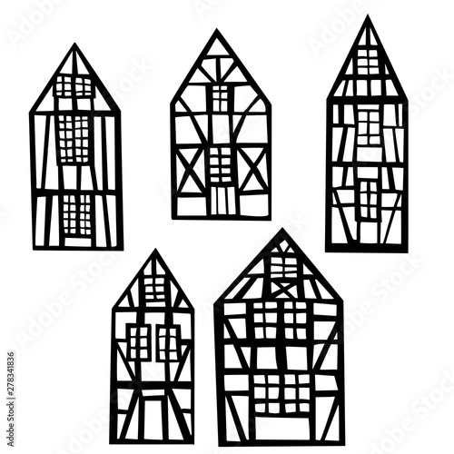Hand drawn half-timbered houses. Vector sketch  illustration.