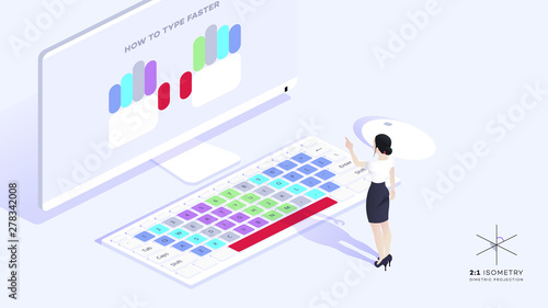 Isometric vector illustration. Educational material that shows how to type faster. Fast typing concept.