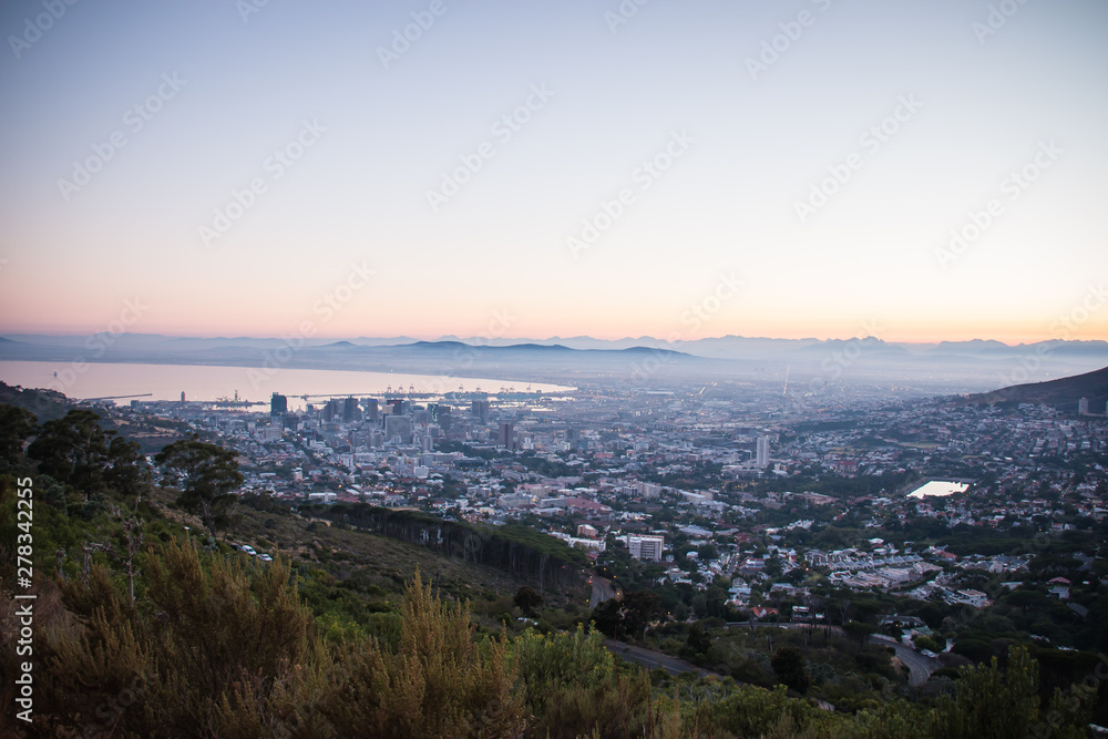 Sunrise On Lion's Head and Signal Hill Looking over Cape Town City In The Early Morning in South Africa