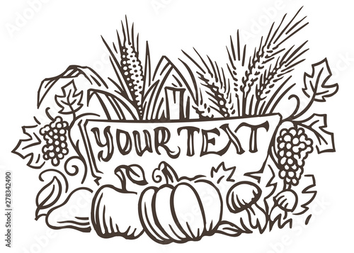 Harvest composition illustration with text template. Vector. Text is outlined and only for preview. 