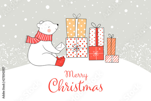 Draw bear with gift box in snow for Christmas and new year.
