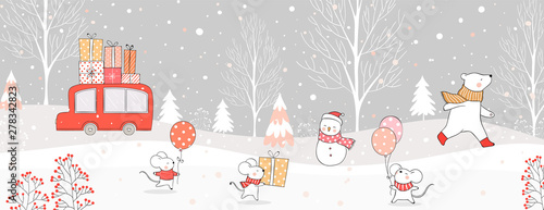 Draw car carry gift box and animal in snow for Christmas and winter.