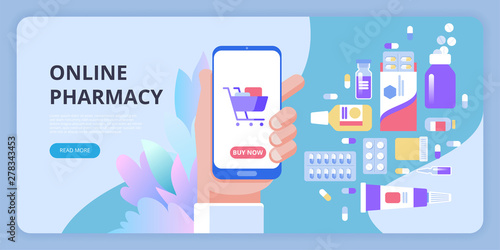 Online pharmacy application concept. Hand of a person buying the pills online