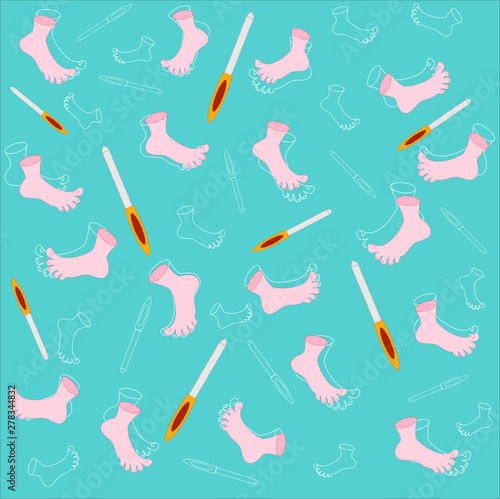 Vector seamless pattern with human feet and nail files on a sea blue background