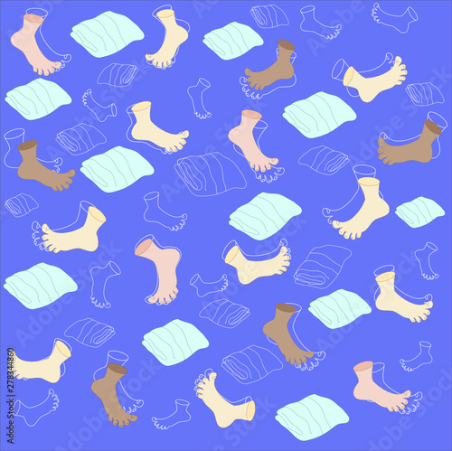 Vector pattern with human feet and bath towels on a blue background