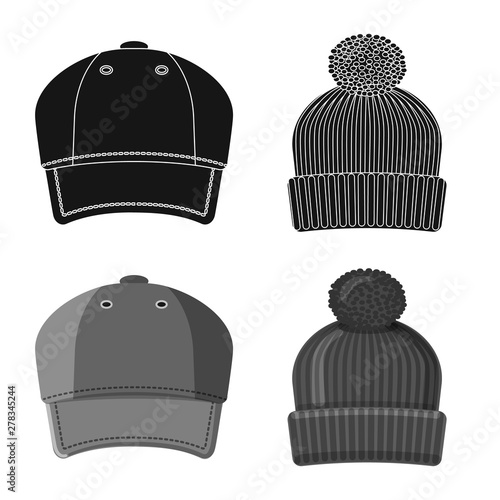 Vector illustration of headgear and cap symbol. Collection of headgear and accessory stock vector illustration.