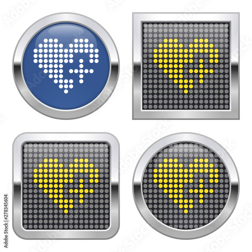 Dotted icon of heart with plus sign (add to favorites) on glossy button in four variants