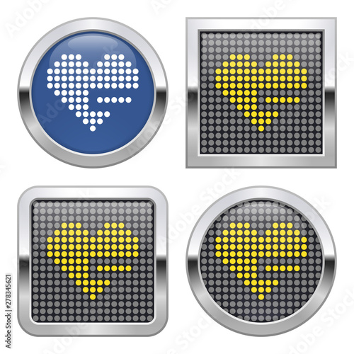 Dotted icon of heart with minus sign (remove from favorites) on glossy button in four variants