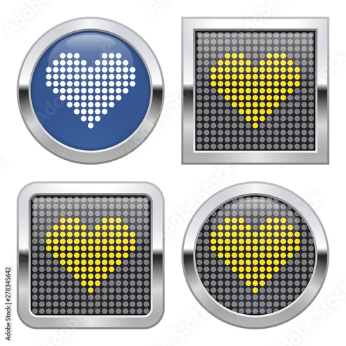 Dotted icon of heart on glossy button in four variants