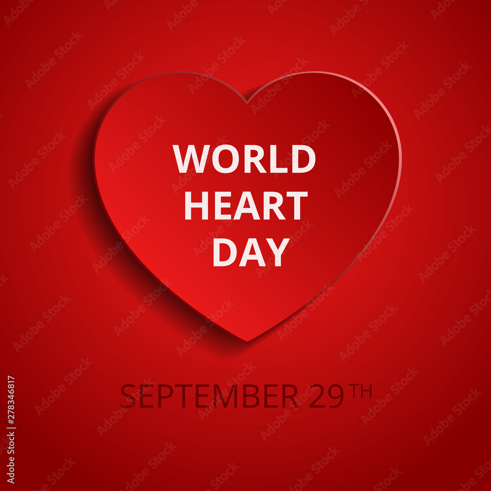 World Heart Day greeting card with heart shape on red background and the date 29 sep. Vector illustration in paper cut style. Medical awareness concept