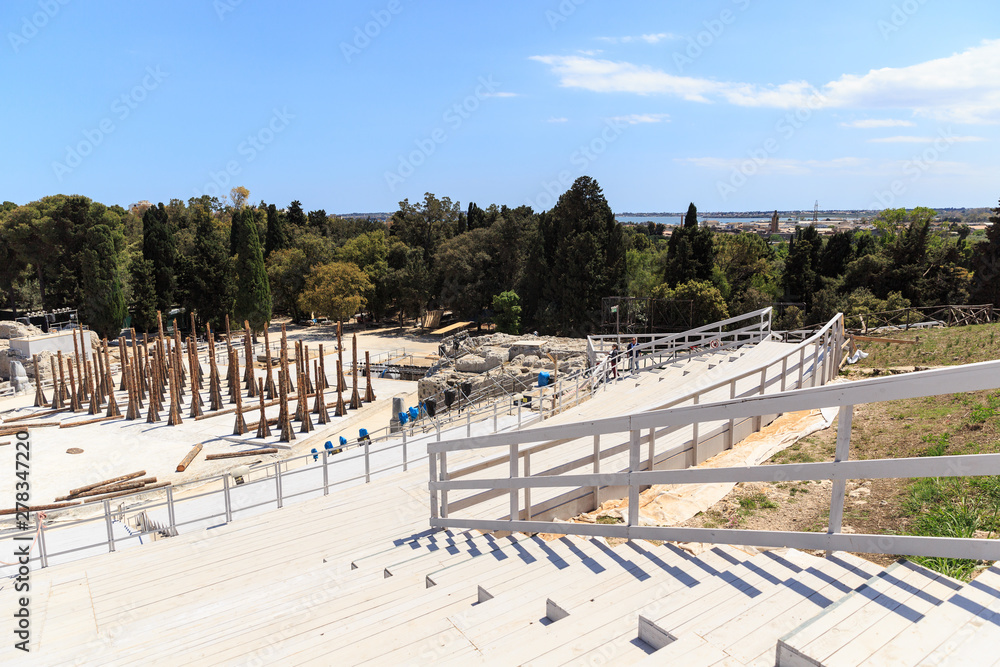 Panoramic view of Teatro Greco, Greek amphitheater in Siracusa, spring sunny day