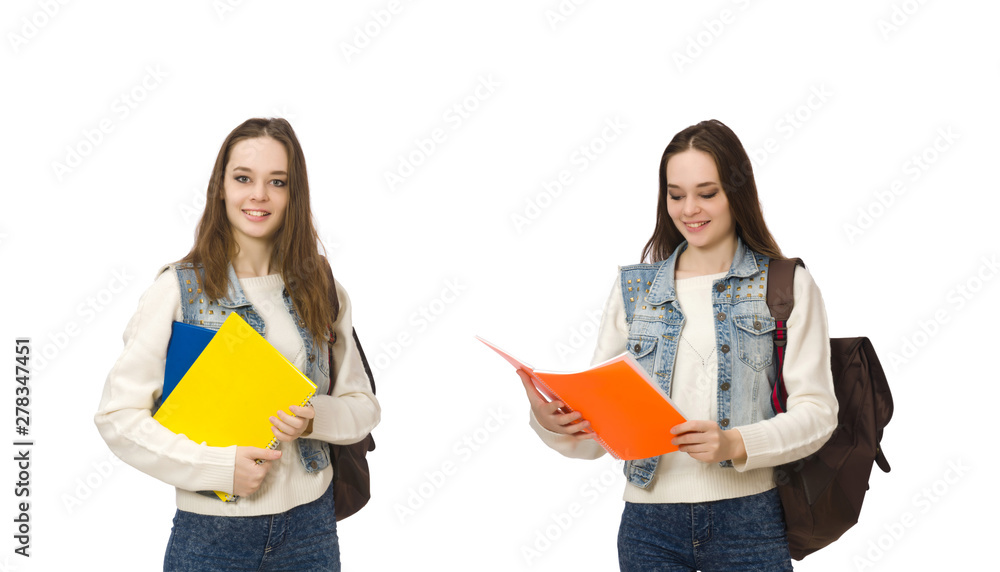 Pretty student holding textbooks isolated on white Pretty student holding textbooks isolated on white