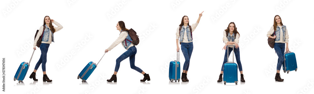 Young smiling girl with bag isolated on white Young smiling girl with bag isolated on white