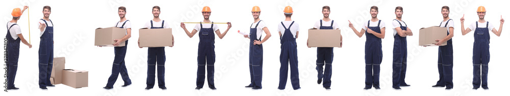 panoramic collage of male handyman isolated on white panoramic collage of male handyman isolated on white