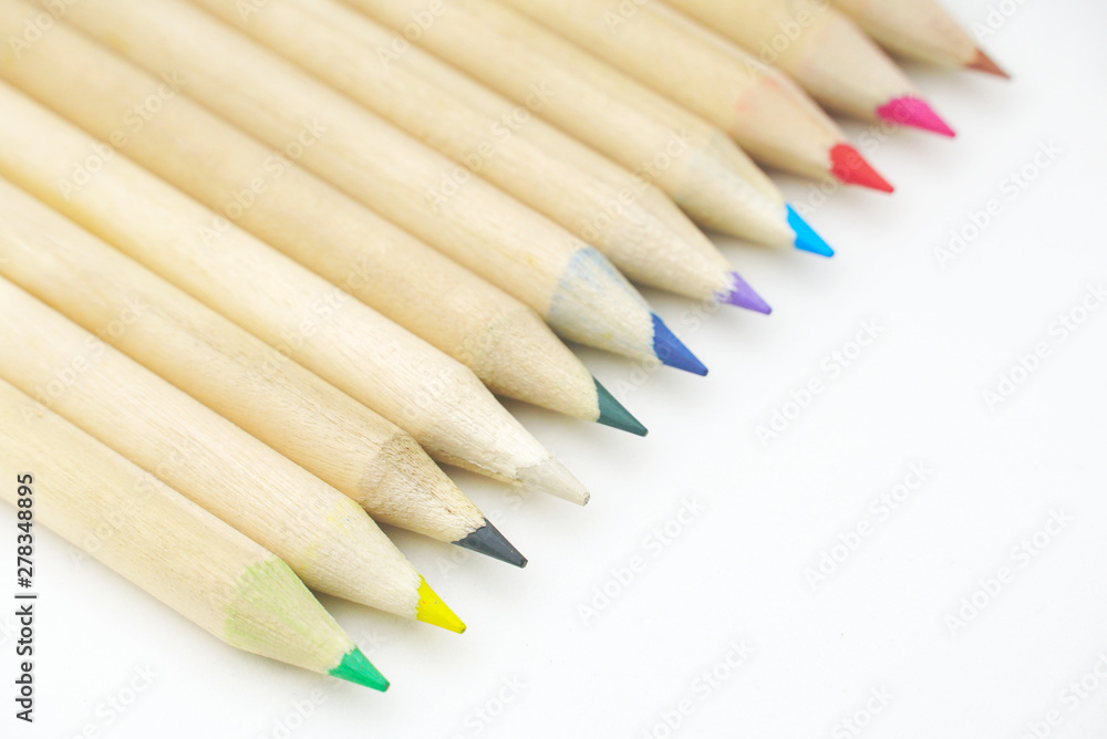 Group of mix pencil colors on white background.