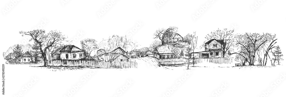 Detailed hand drawn ink black and white illustration of farm house, tree. sketch. Vector eps 8