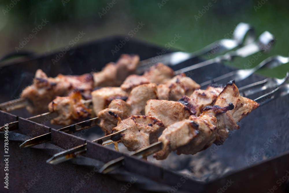 Cooking shashlik on the mangal in nature. Selective focus. Cooking shashlik on the mangal in nature. Selective focus.